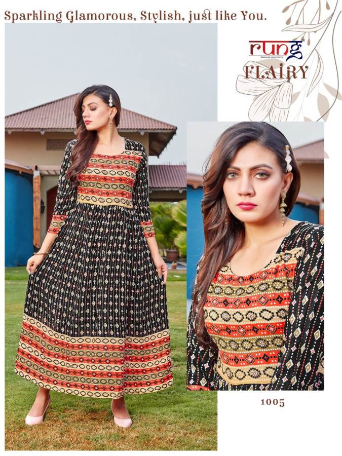 Rung Flairy Ethnic Wear Heavy Rayon Printed Designer Kurti Collection